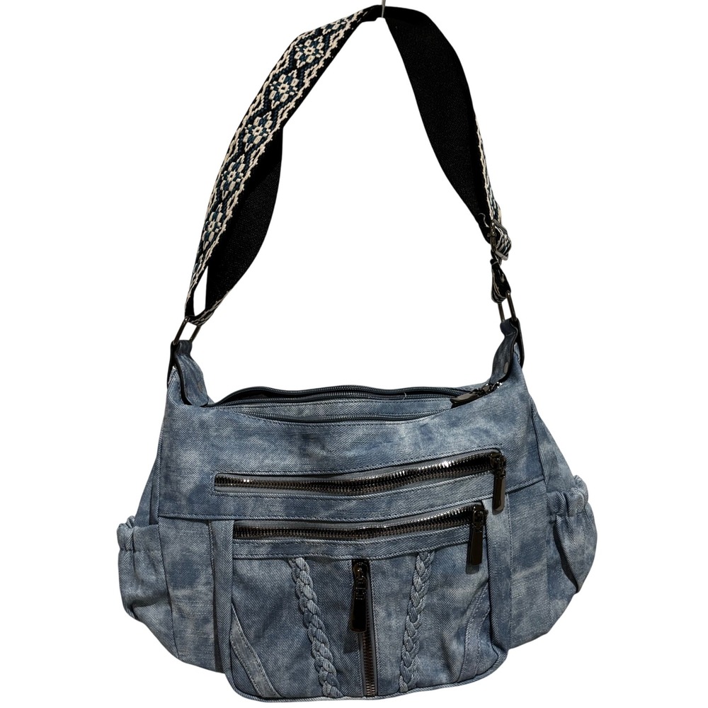 Faux Leather Denim Shoulder Bag purse Woven Geometric Strap boho cowgirl y2k